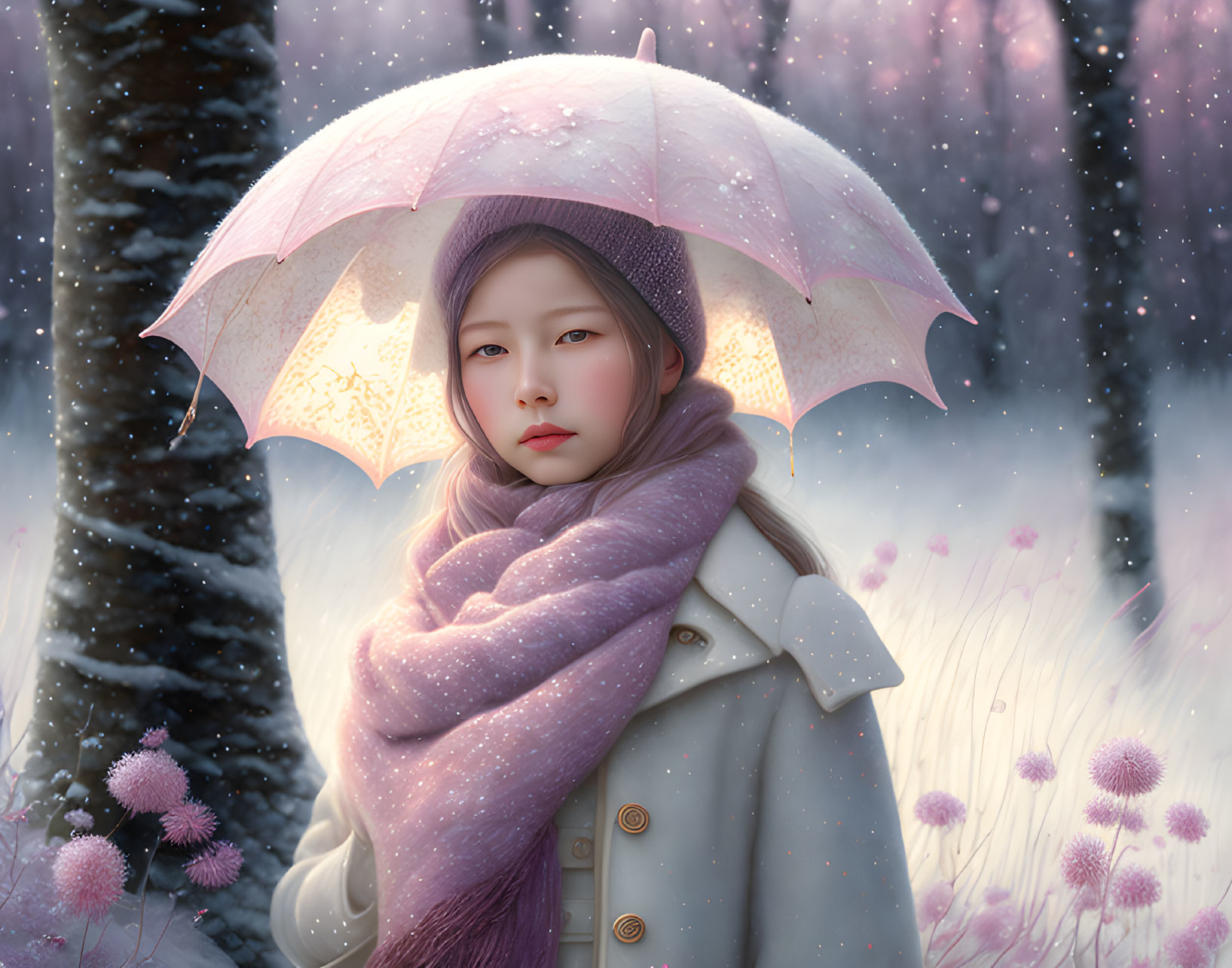 Young girl with pink umbrella in snowy landscape with pink flowers