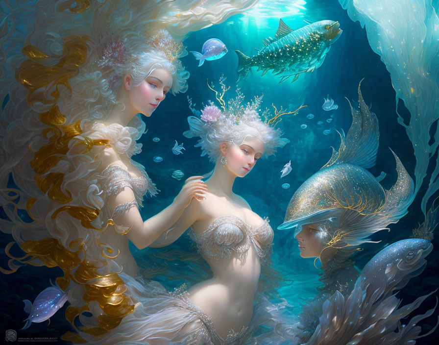 Ethereal underwater beings with flowing hair and shimmering attire among fish in blue light