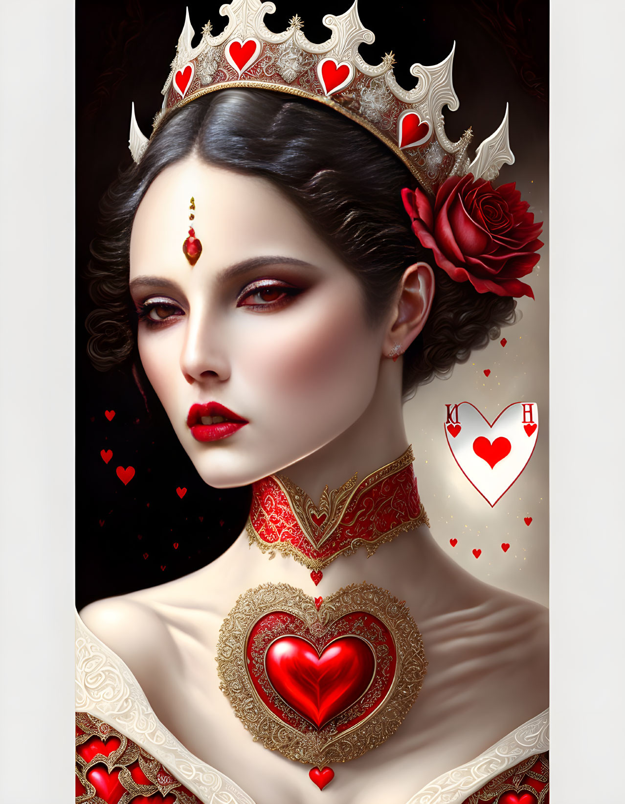 Digital artwork: Woman as Queen of Hearts with crown, heart accessories, and rose.