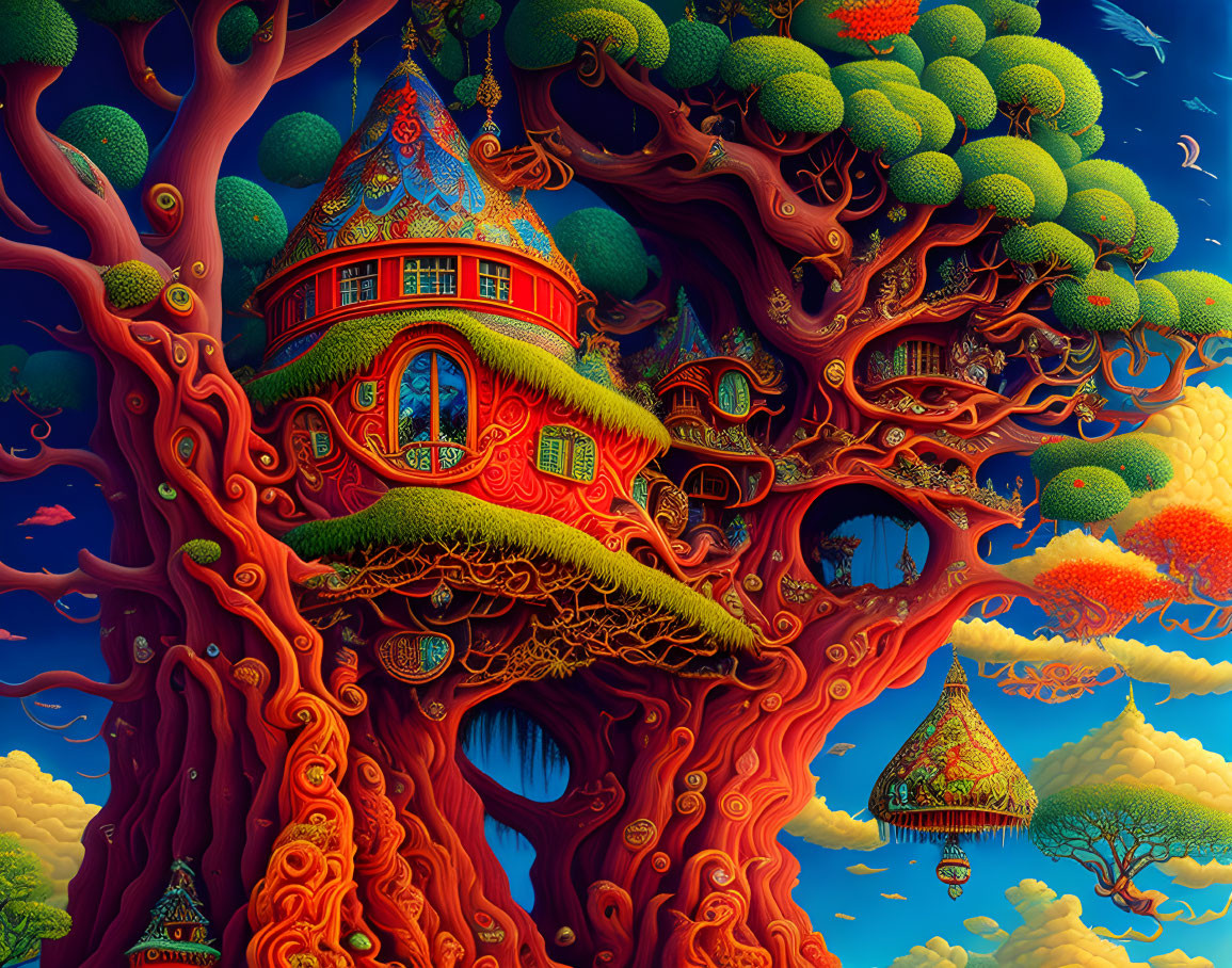 Colorful Tree with Fantastical Architecture Against Blue Sky