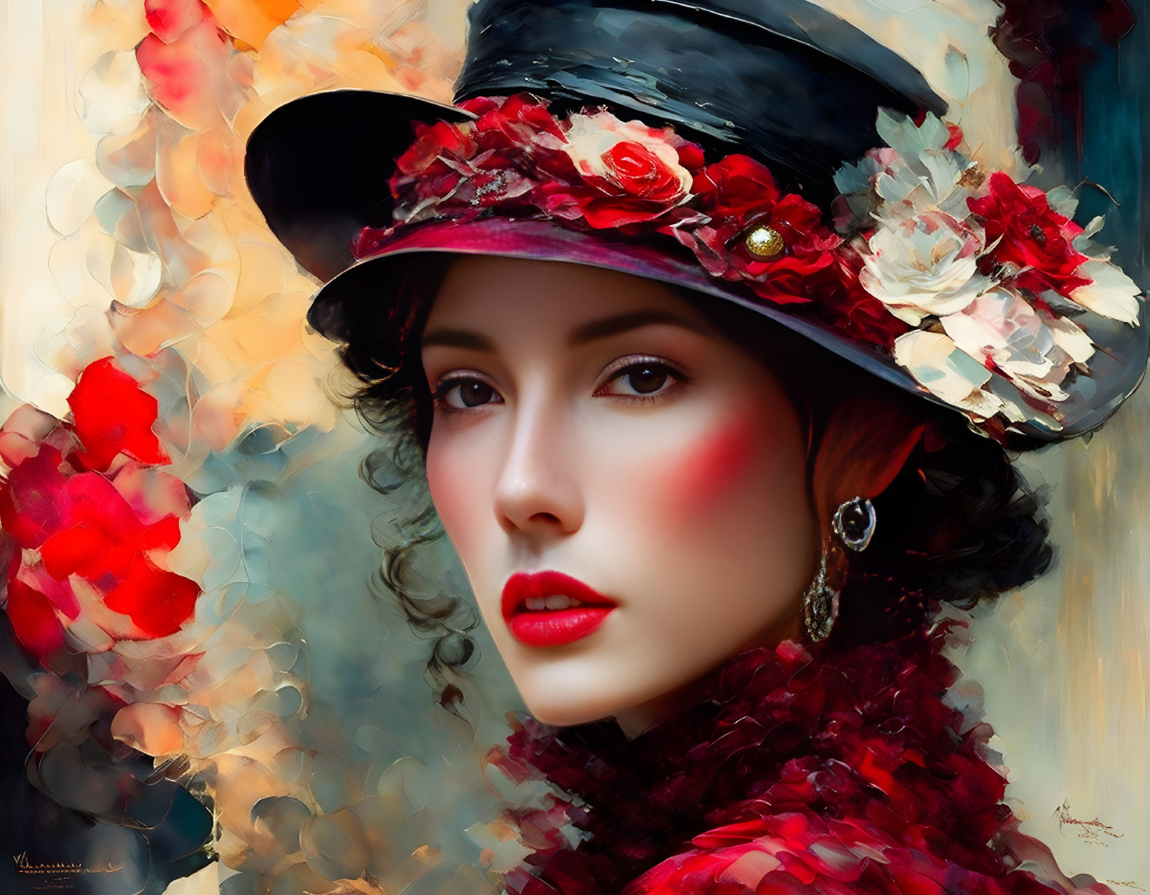 Portrait of woman with red lipstick, floral hat, and red scarf