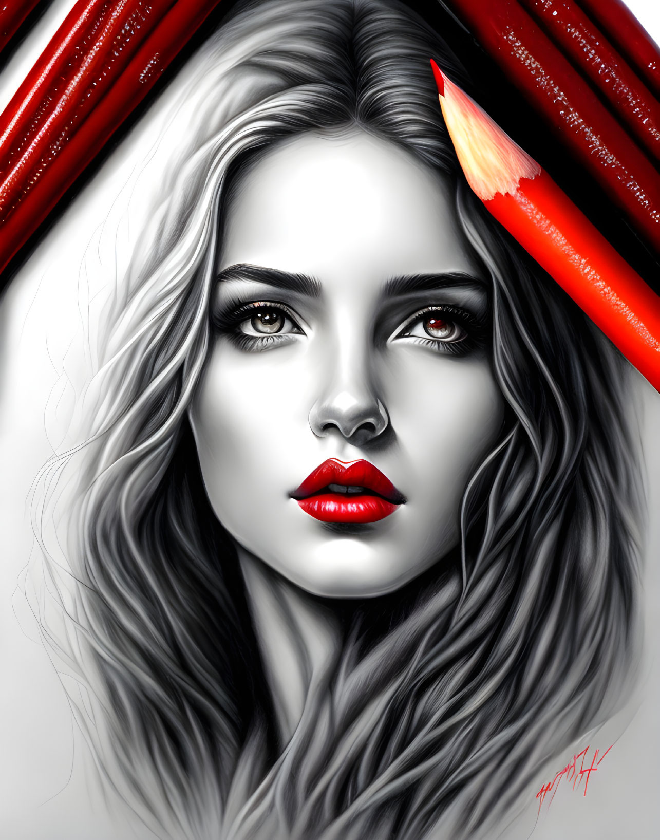 Monochrome illustration of a woman with red lips and colored pencil accentuating hair