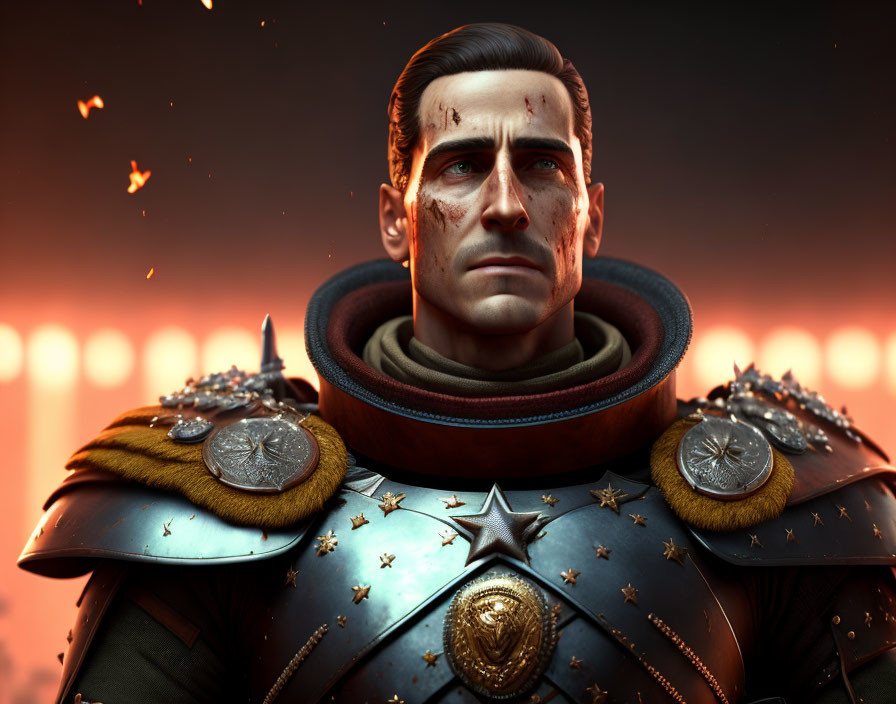 Digital artwork: Stoic man in Roman-inspired armor with star emblem in fiery backdrop.