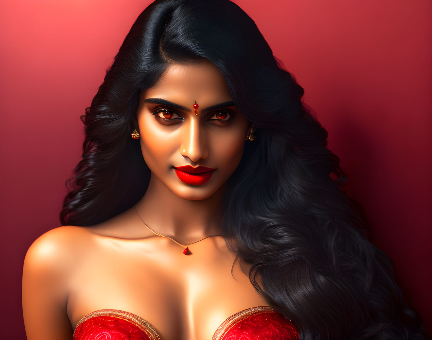 Digital artwork: Woman with long dark hair, bindi, earrings, red outfit, sultry gaze