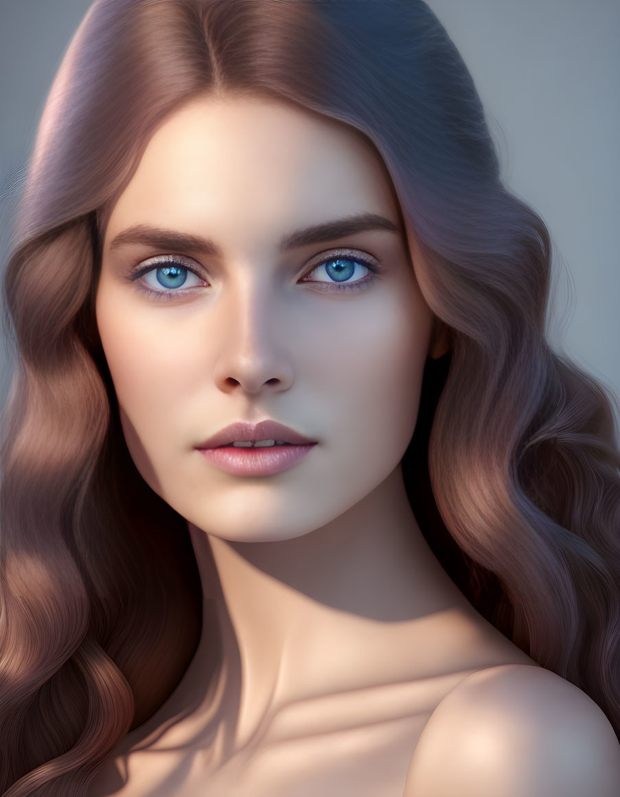 Woman with Blue Eyes and Wavy Brown Hair Portrait in Soft Focus