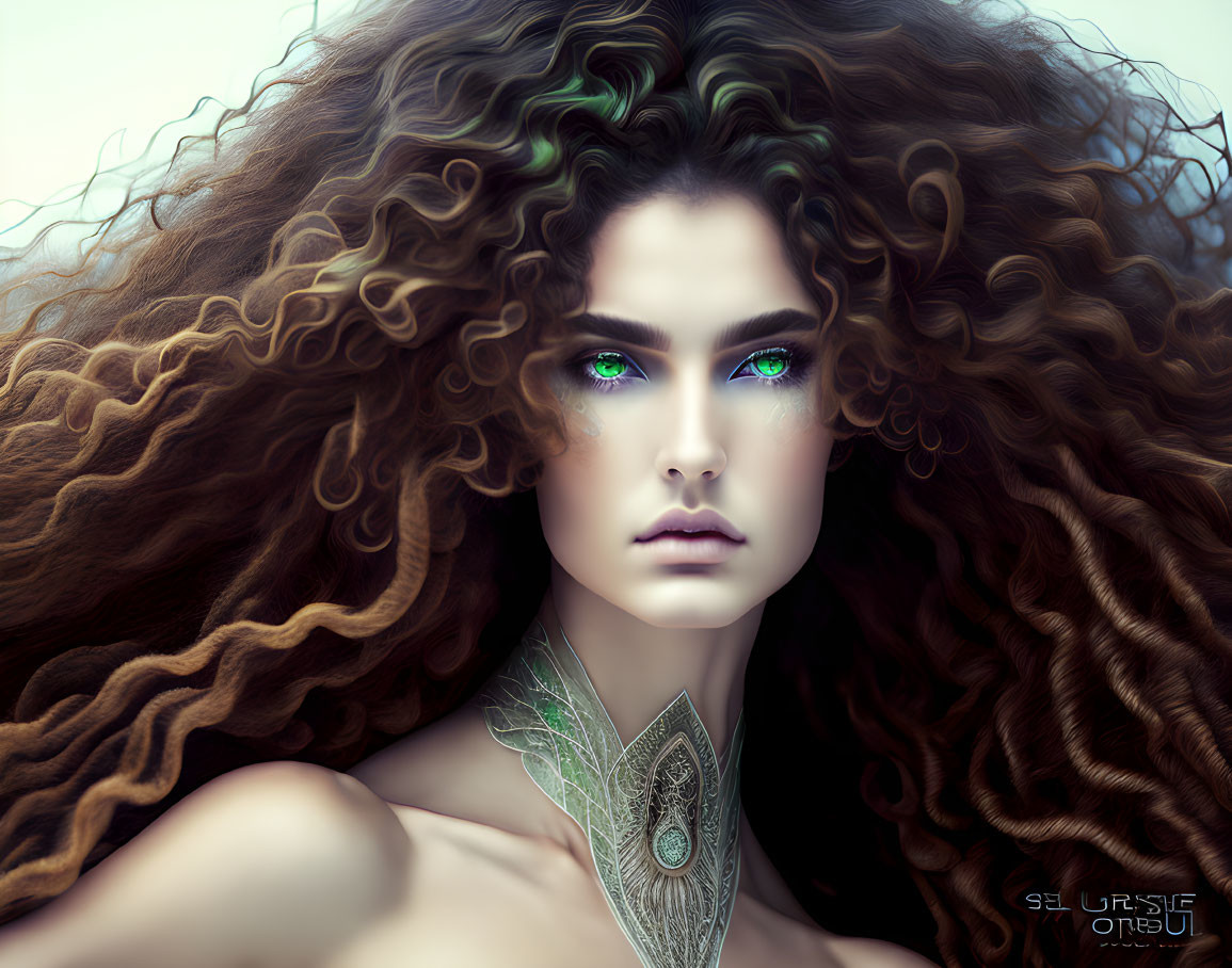 Portrait of Woman with Curly Hair and Green Eyes and Leaf Pendant Necklace