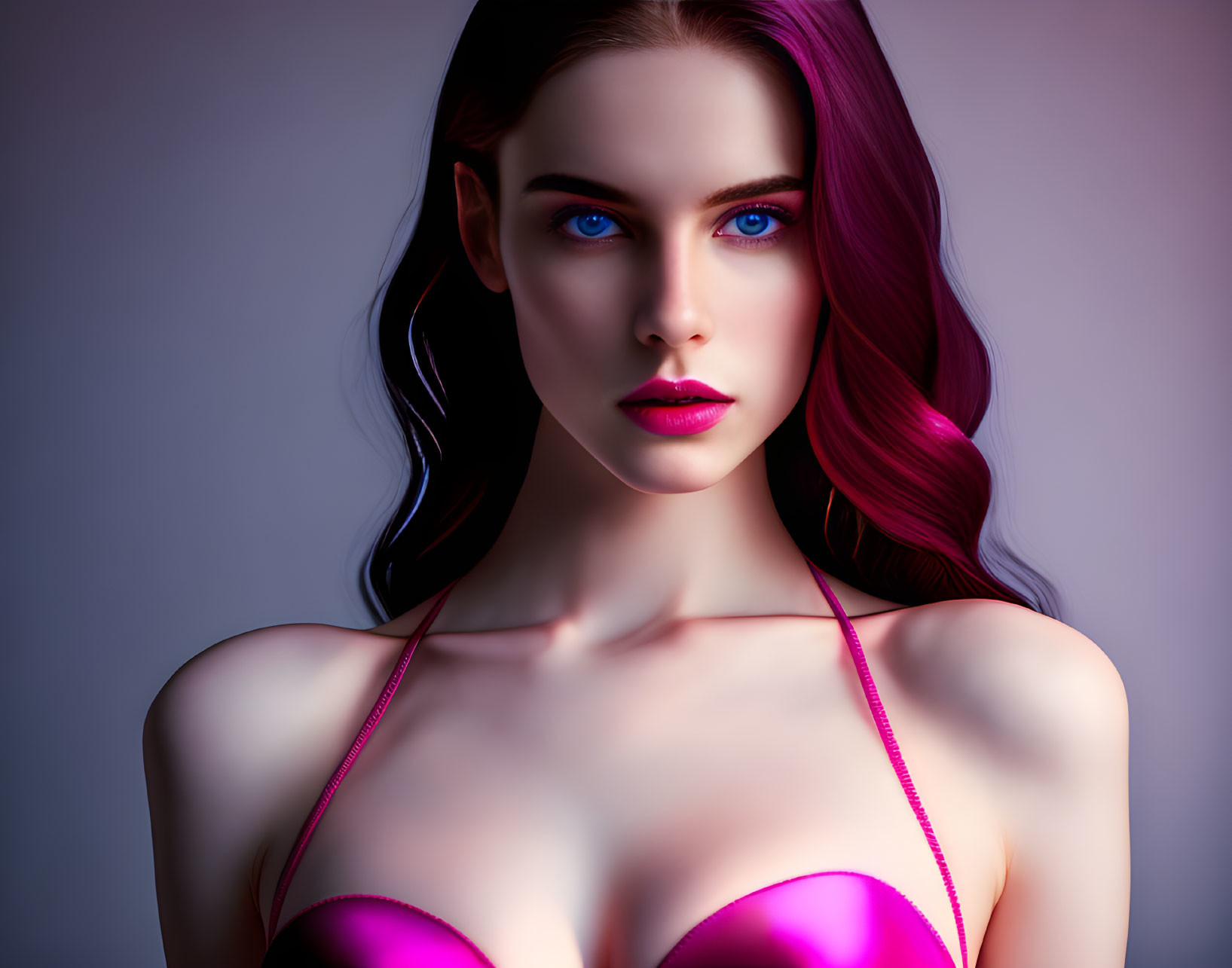 Vibrant digital artwork: woman with blue eyes, purple hair, pink top on soft purple backdrop