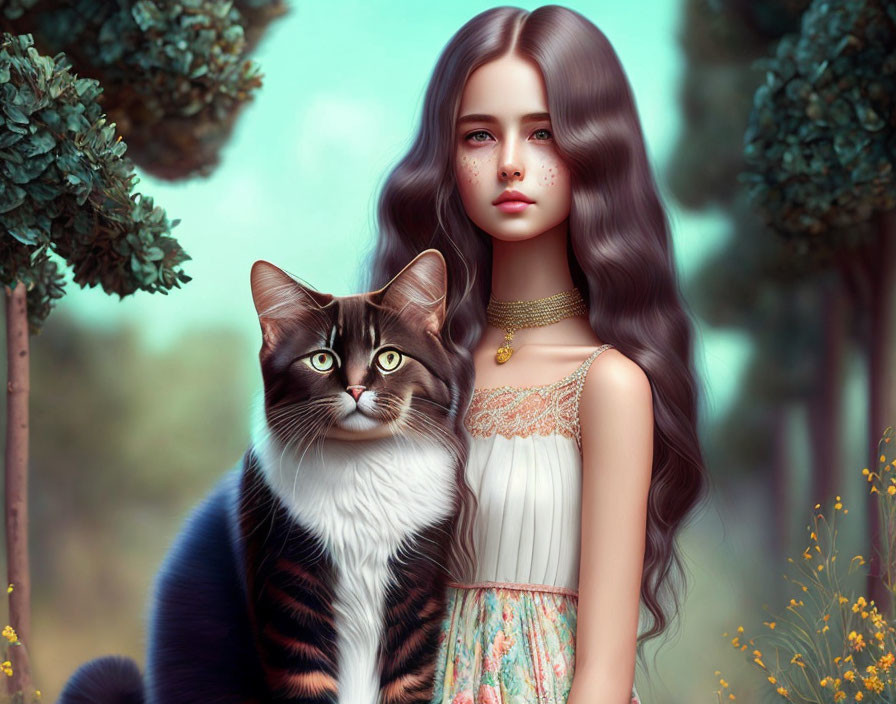 Young girl with long wavy hair and tabby cat in digital artwork