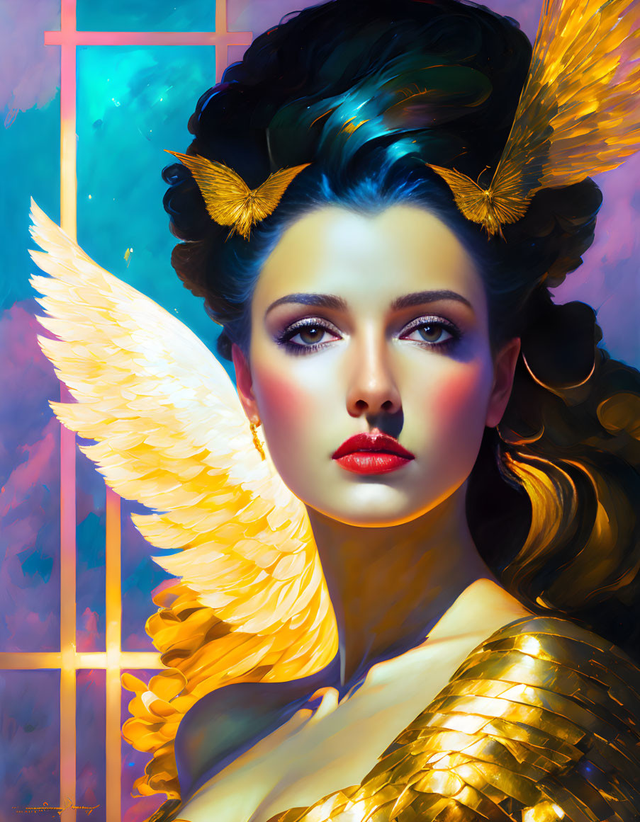 Portrait of Woman with Golden Wings and Intense Gaze in Blue and Gold Palette