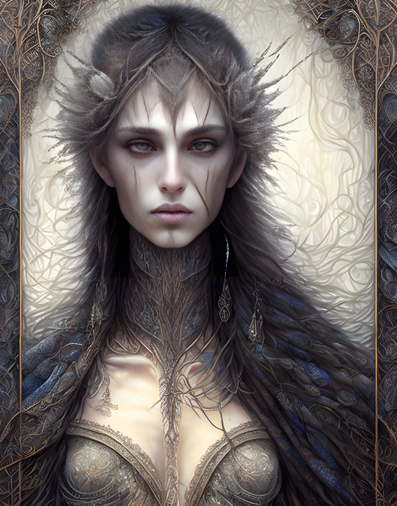 Fantasy character illustration with feathered headpiece and intricate armor