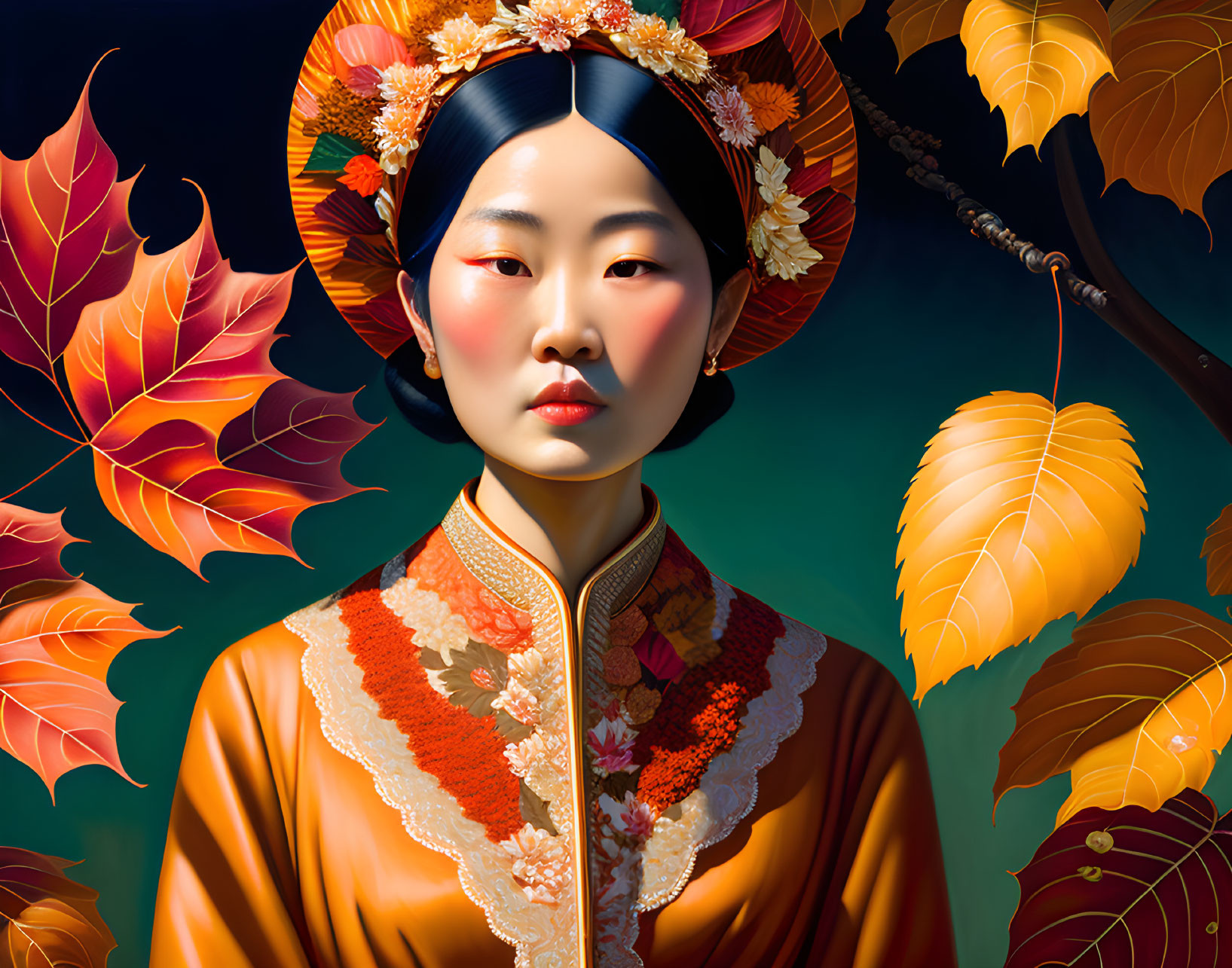 Digital artwork of woman in East Asian attire among autumn leaves