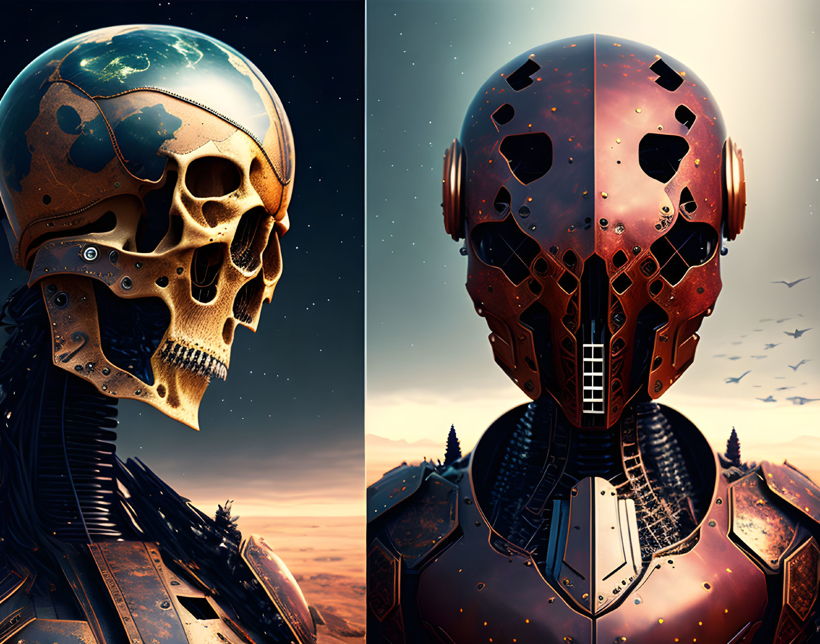 Robotic Skull Heads with Earth and Red Ornate Designs at Sunset