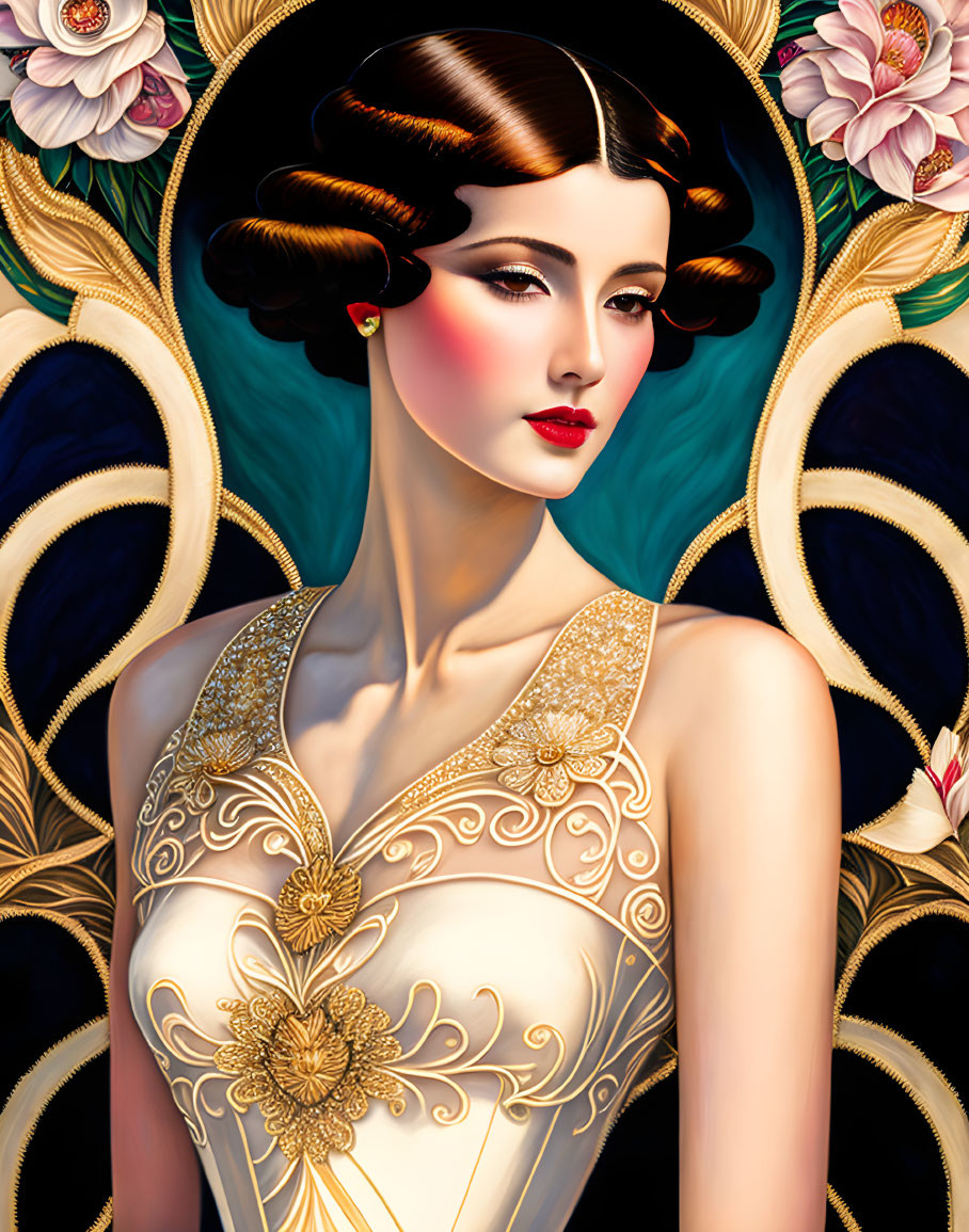 Art Deco Style Illustration of Woman in Golden Floral Gown