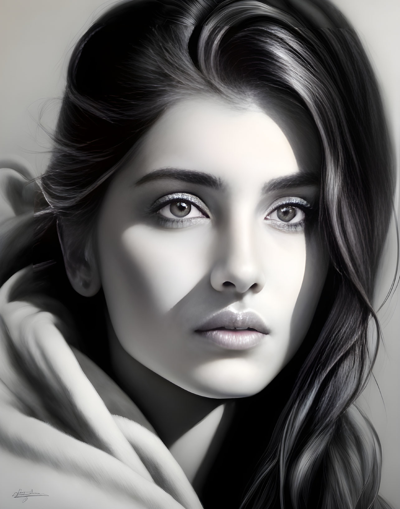 Greyscale digital portrait of woman with expressive eyes and flowing hair