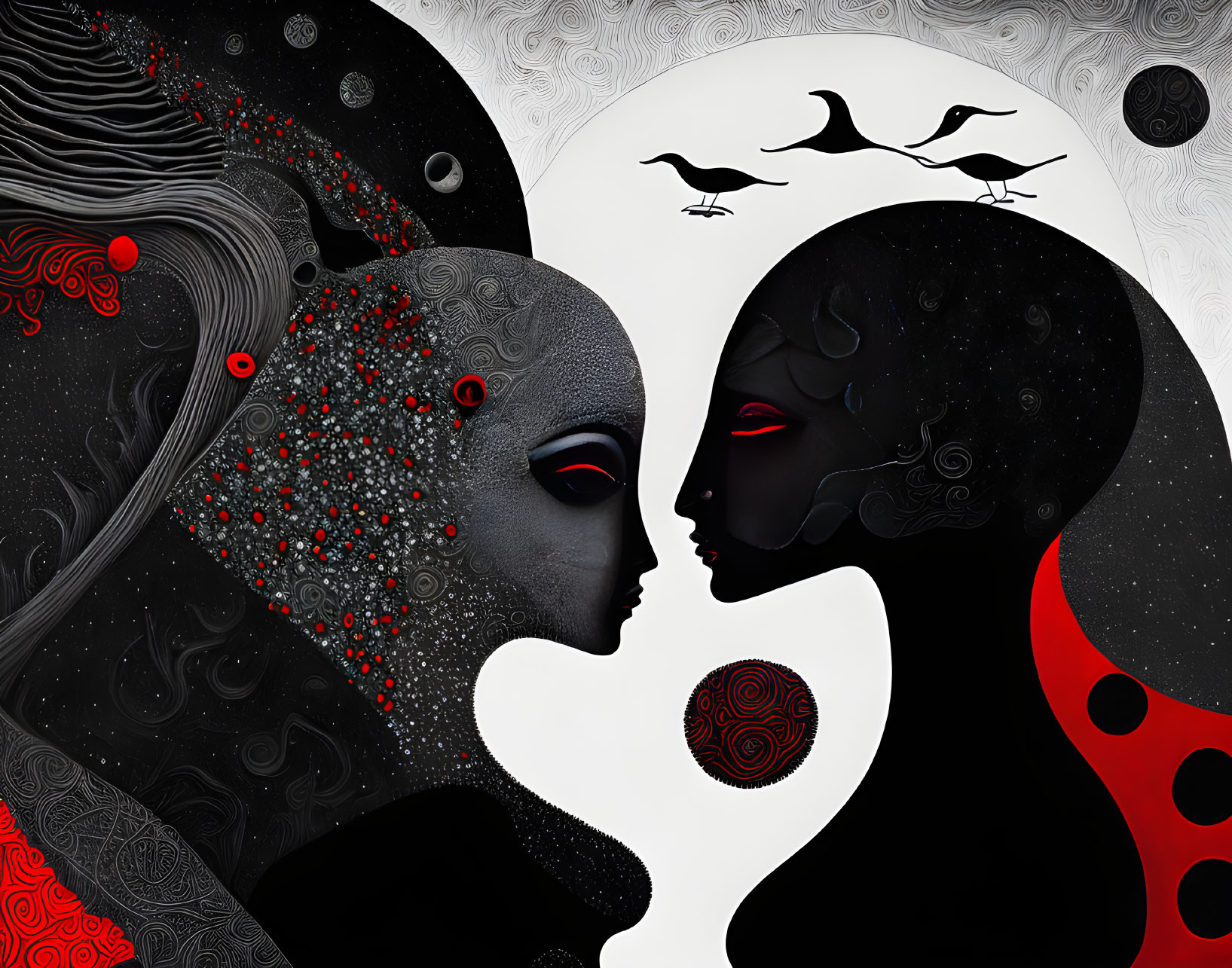 Stylized profile faces with red and black patterns and celestial elements