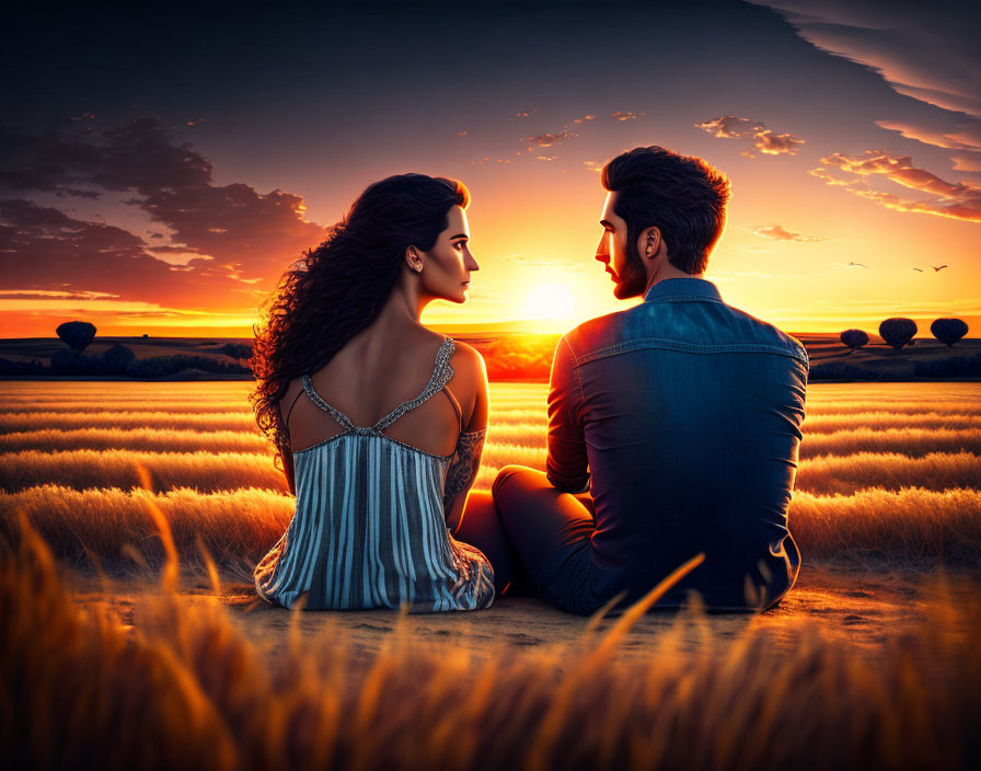 Couple in wheat field at sunset gaze at each other