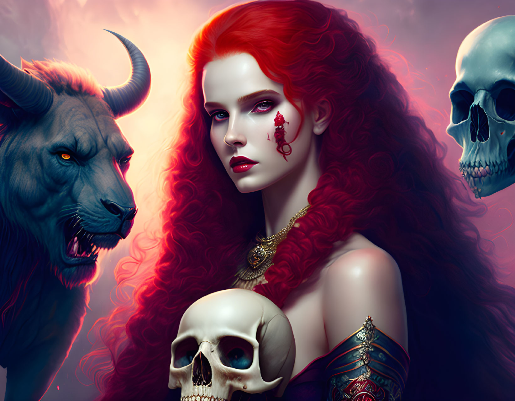 Red-haired woman with jewel on cheek, horned beast, and skull imagery on crimson backdrop.