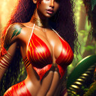 Digital Artwork: Woman with Tanned Skin and Curly Hair in Tribal Body Paint