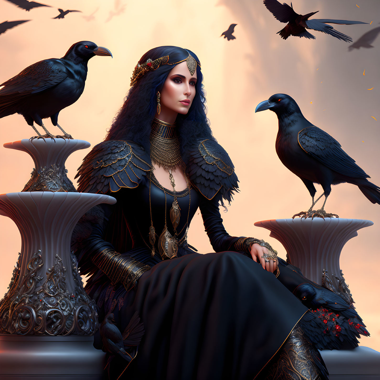 Regal woman in black and gold attire with ravens in twilight setting