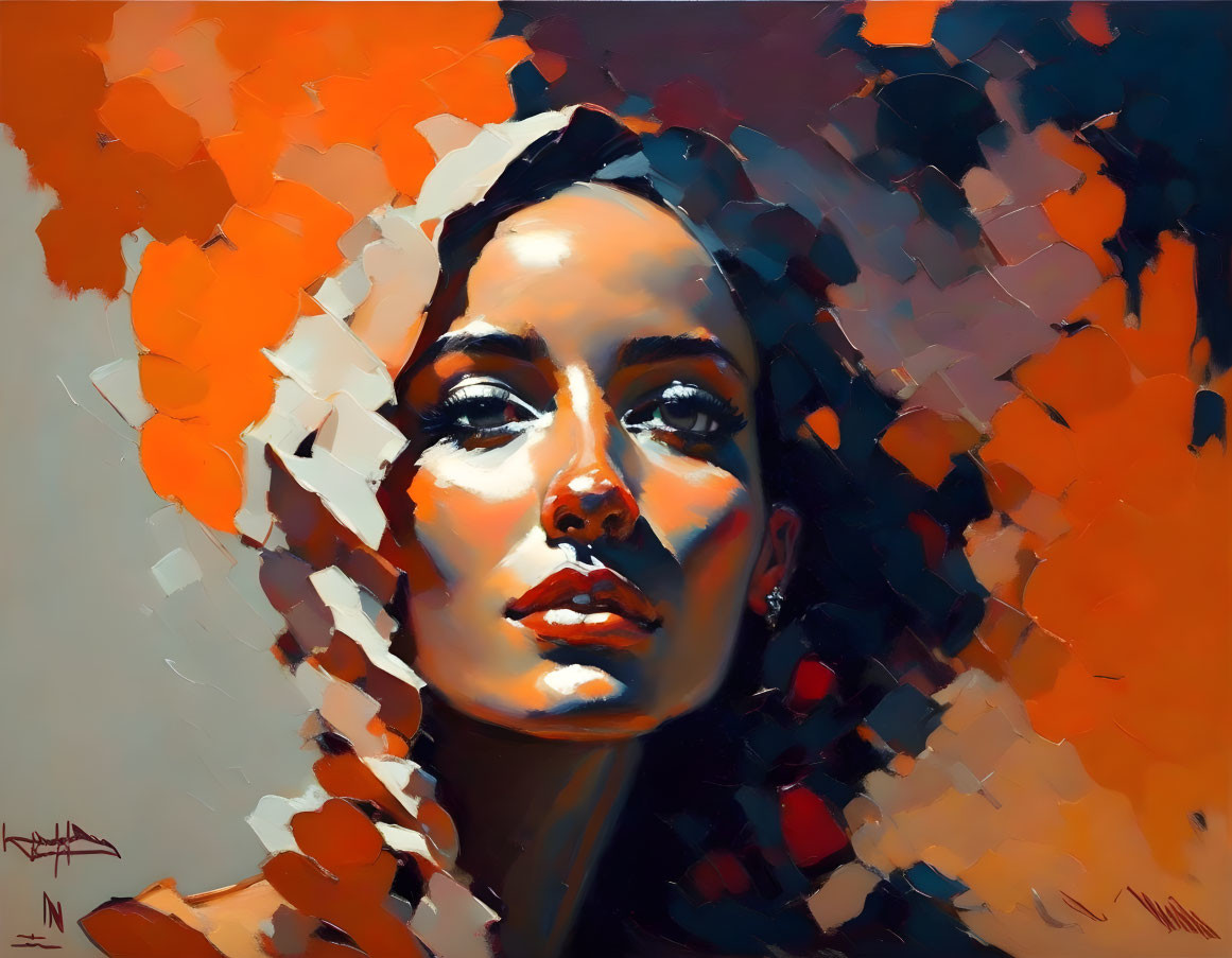 Vibrant abstract portrait of woman with warm skin tones and orange background