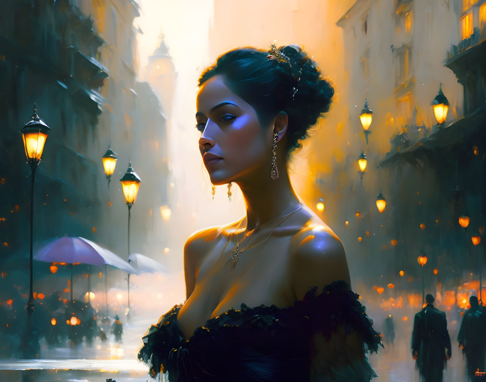 Woman in black dress with updo hairstyle on lamp-lit city street at dusk