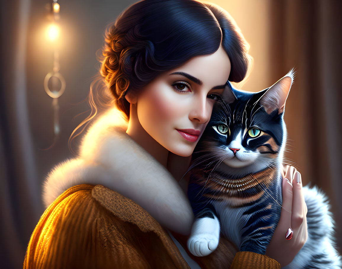 Dark-haired woman with fur collar holding striped cat under warm lighting