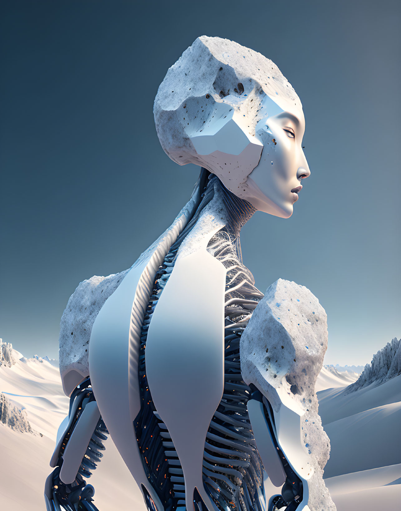 Rocky-textured humanoid robot in snowy landscape.