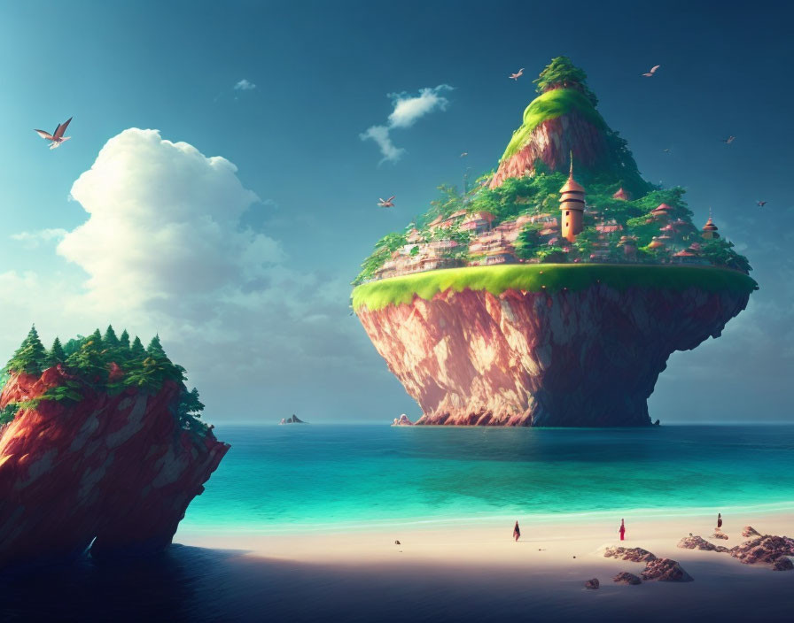 Fantastical landscape with floating island, tower, birds, turquoise water