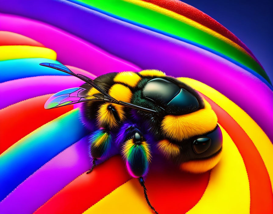 Vibrant hyperrealistic bumblebee on glossy rainbow surface