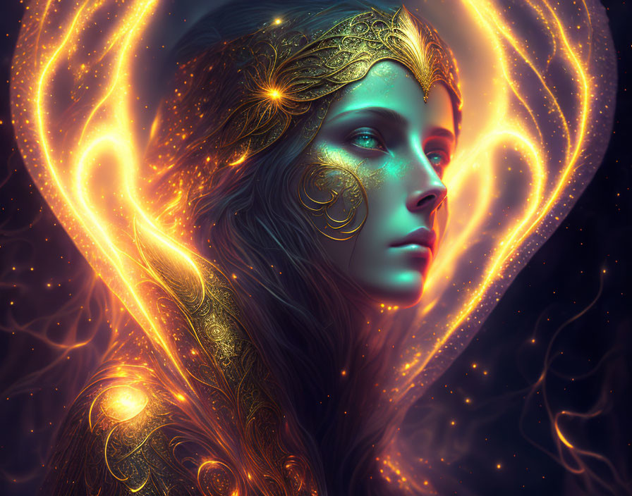 Portrait of Woman with Golden Tattoos and Diadem in Orange and Blue Energy