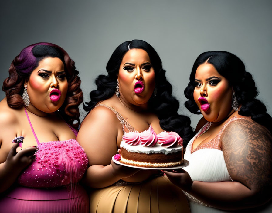 Three women in vibrant makeup and glamorous dresses holding a birthday cake with a lit candle