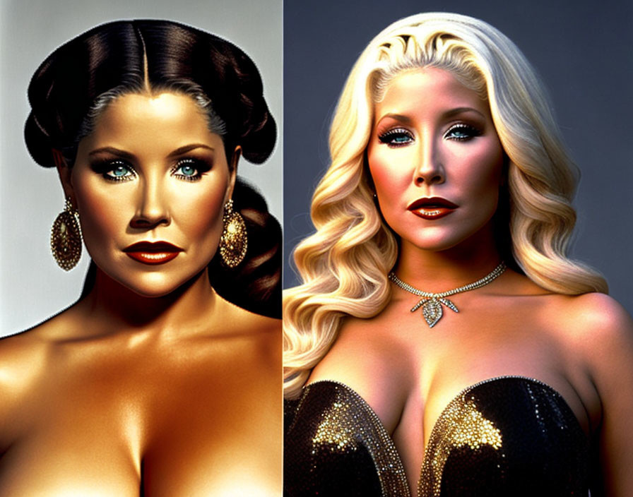 Two Glamorous Women Portraits with Dark and Blonde Hair