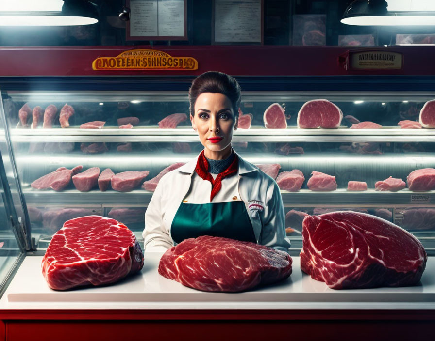 Woman in White Coat Displays Fresh Beef Cuts at Meat Counter