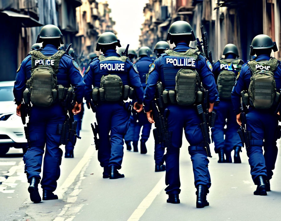 Riot police officers in full gear marching on urban street