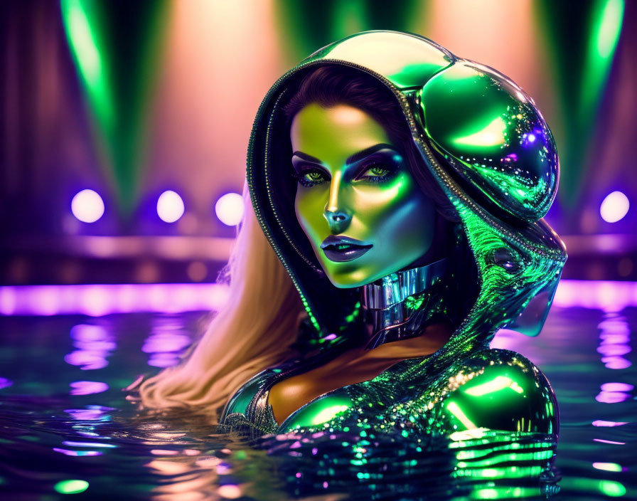 Bold Makeup Woman Emerges from Water in Futuristic Green Headgear