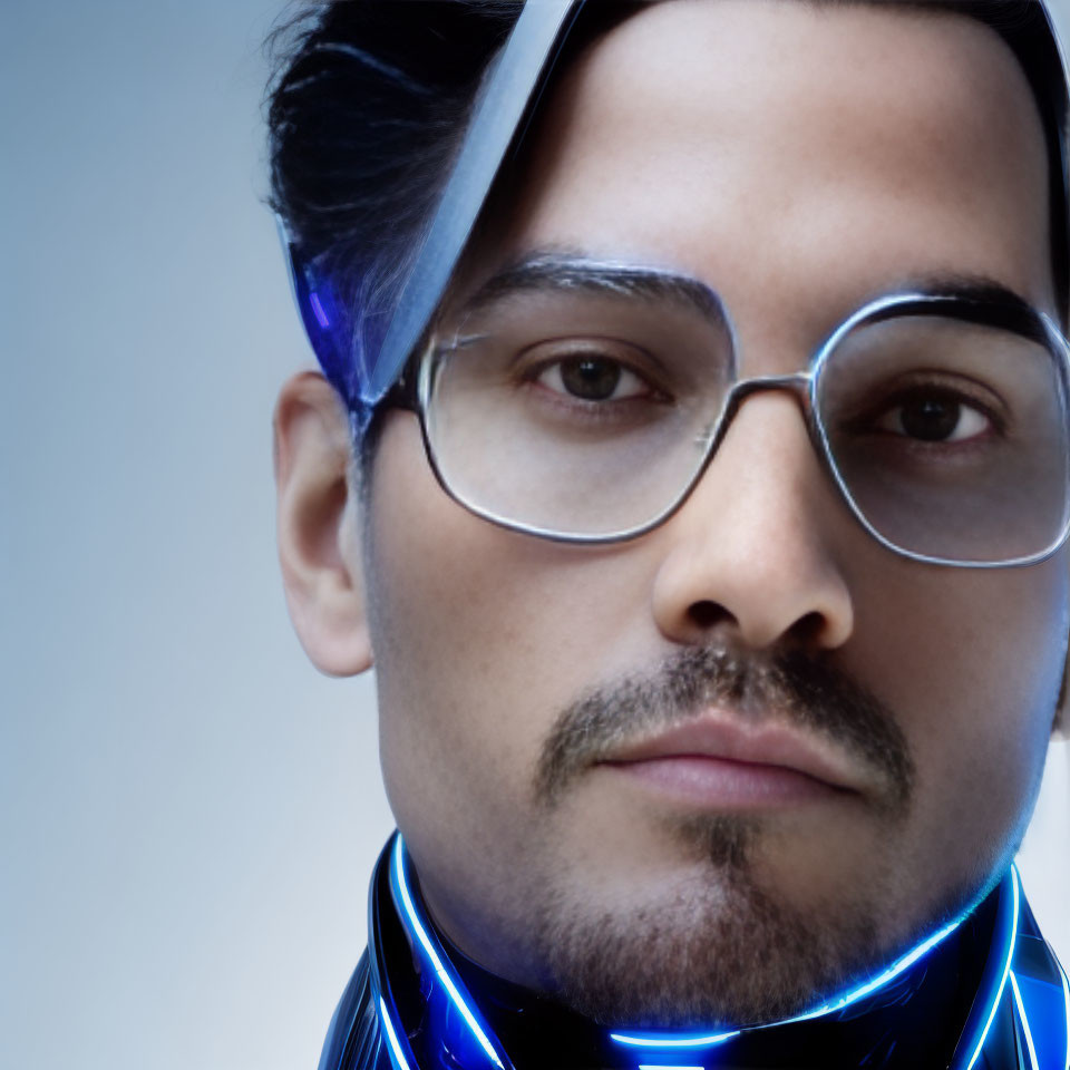 Man with stubble and round glasses in futuristic blue-collar illumination