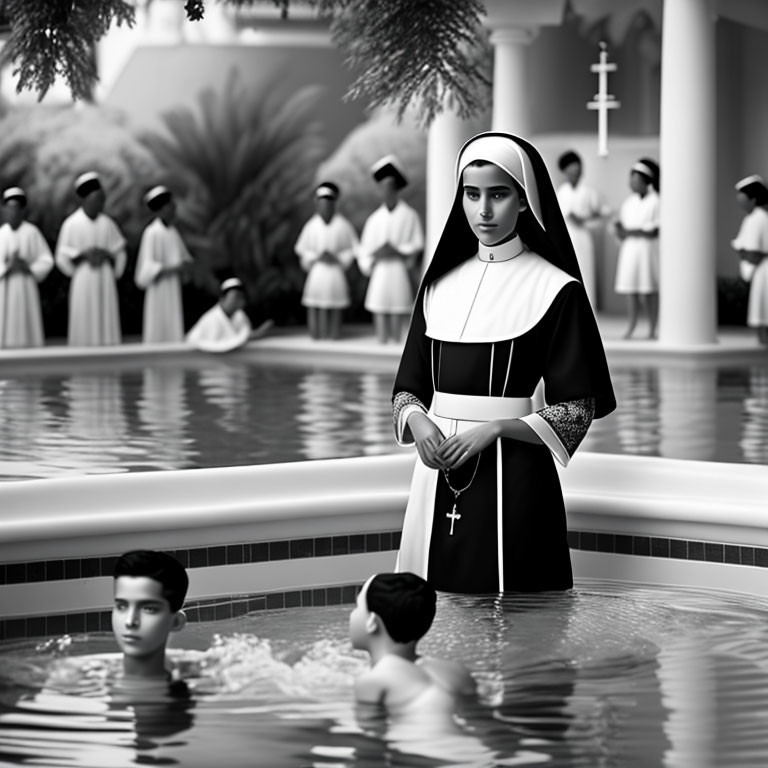 Nun standing by pool with submerged people and group of nuns in background