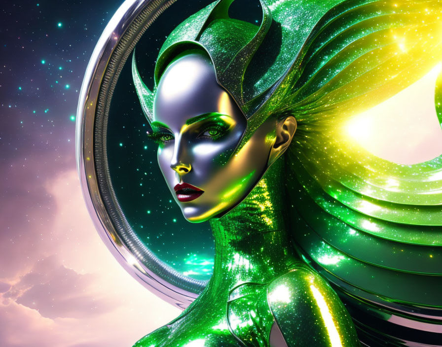 Futuristic female figure in metallic green skin with cosmic backdrop and flowing ribbon-like structures