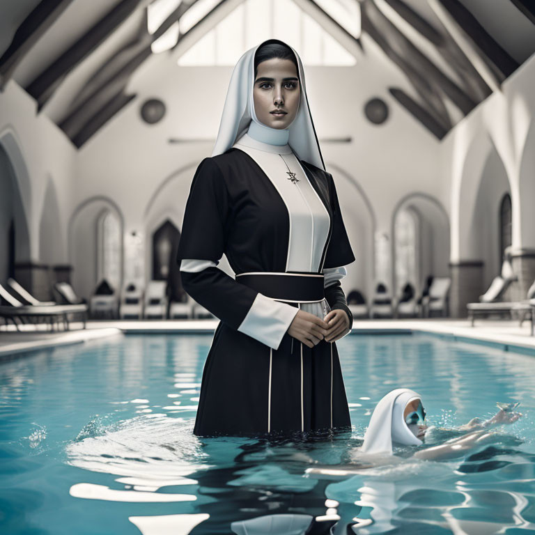 Nun supervises child swimming indoors with arched ceiling