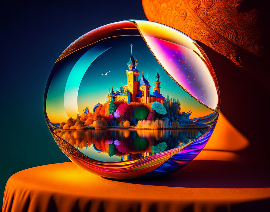 Surreal crystal ball with castle reflection on water and twilight sky