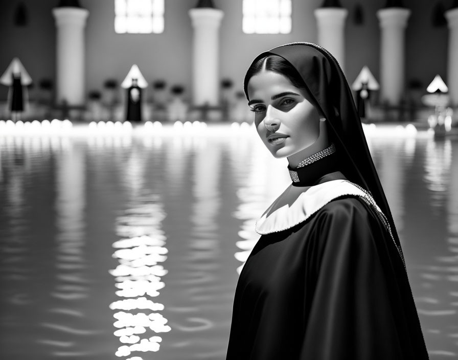 Monochrome image of nun by indoor pool with reflections and columns