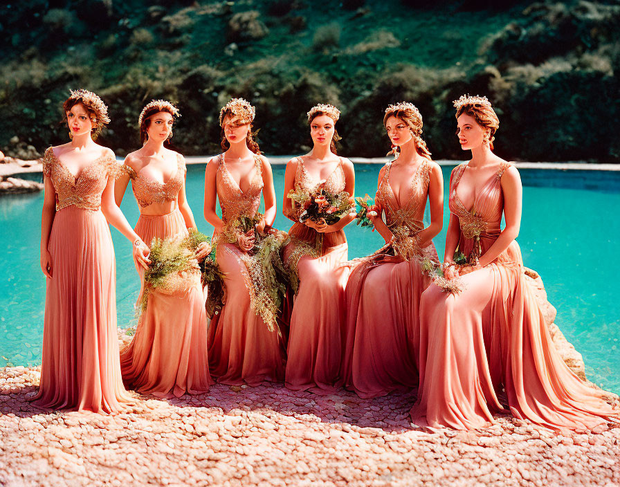 Group of five women in peach gowns and floral crowns near pool with greenery