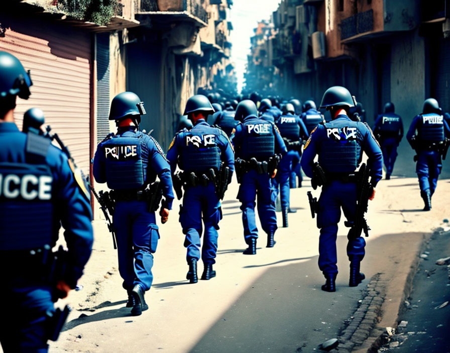 Police officers in riot gear marching down urban street