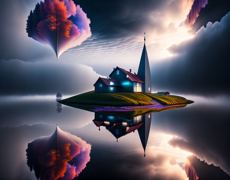 Floating Island with House, Church Spire, and Colorful Trees under Dramatic Sky