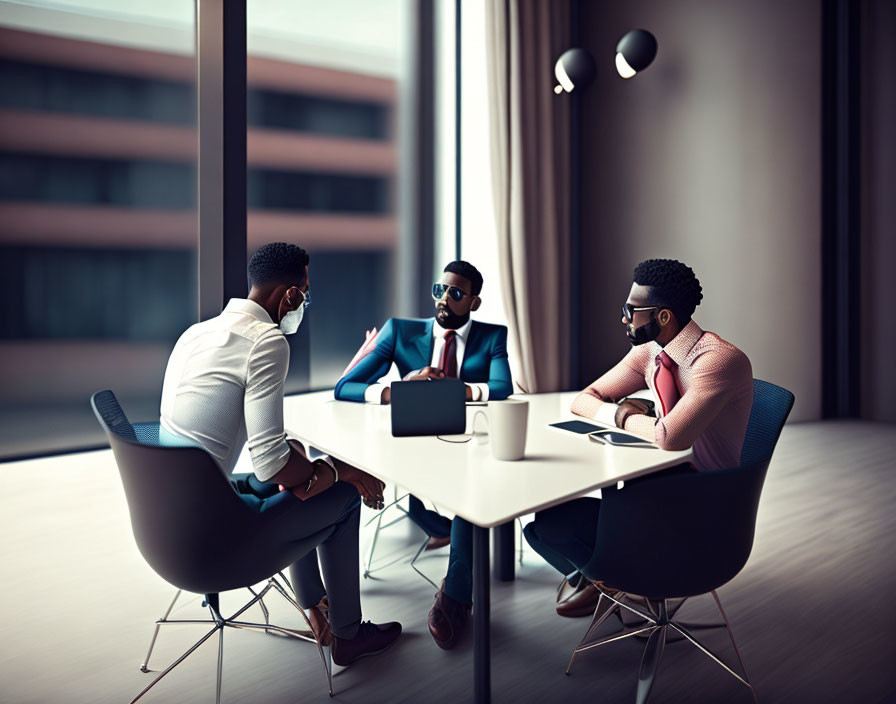 Professionals discussing with digital tablet in modern office