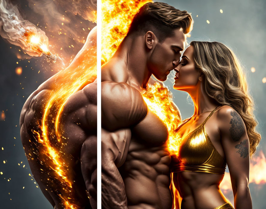 Muscular man and fit woman with fiery effects about to kiss