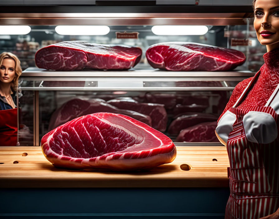 Butcher displays fresh red meat cuts on wooden counter with customer nearby