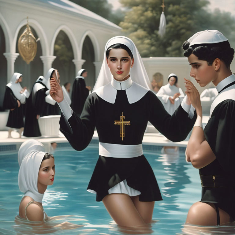 Three women in nun habits by a pool with a rosary, one standing, one sitting, and