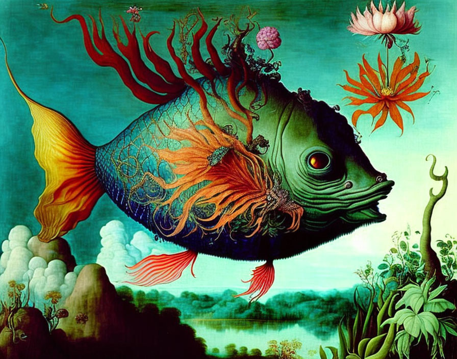 Colorful surreal artwork: Large fantastical fish with intricate fins and patterns among stylized underwater flora