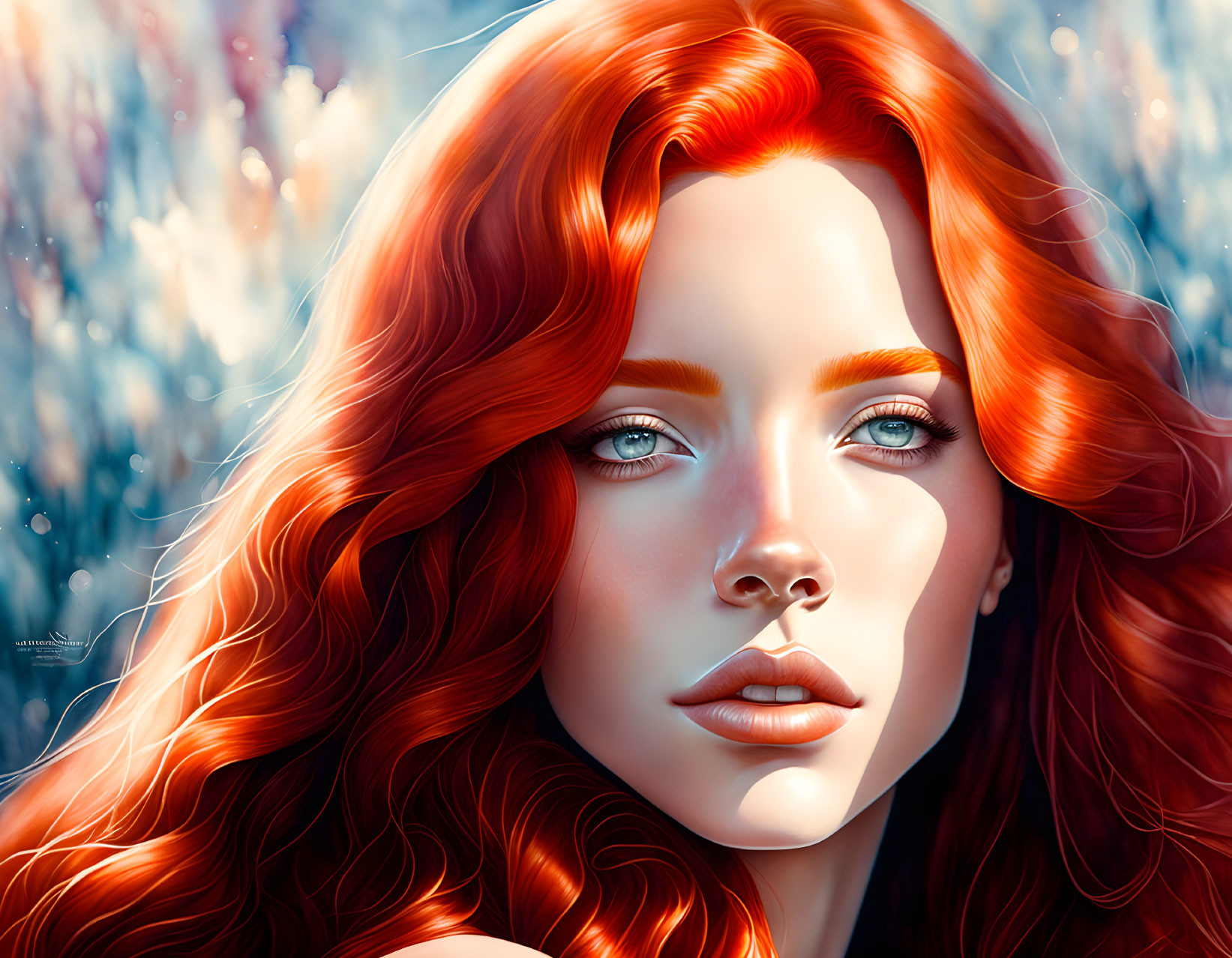 Digital portrait of woman with red hair and green eyes on floral background